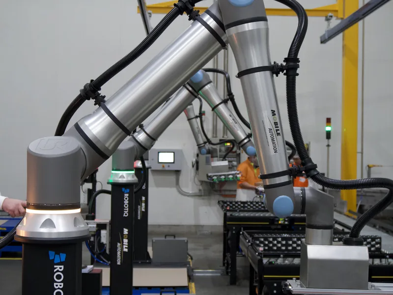 Collaborative robot arm working over a packing line conveyor